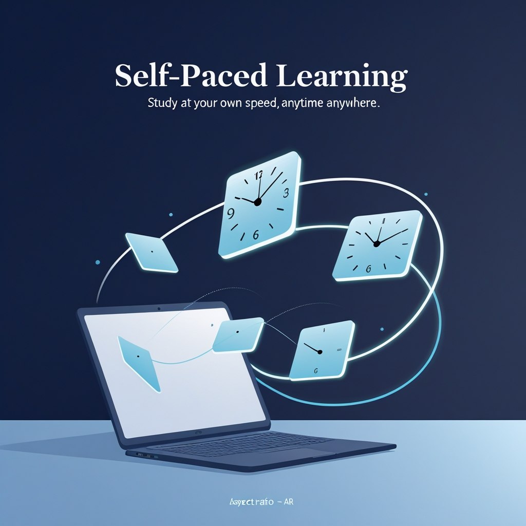 Laptop with clock faces around it on a dark blue background, promoting self-paced learning.