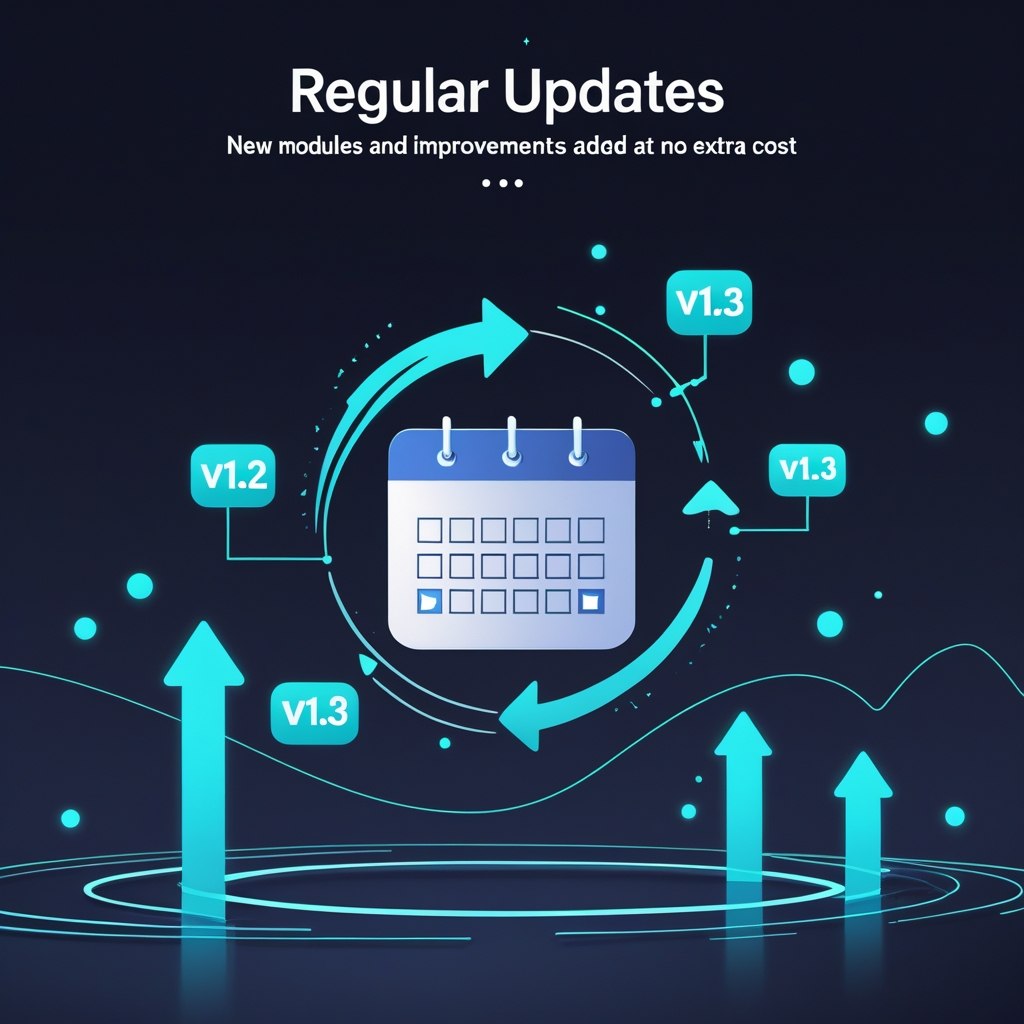 Calendar icon with version numbers and arrows on a dark background, indicating regular updates.