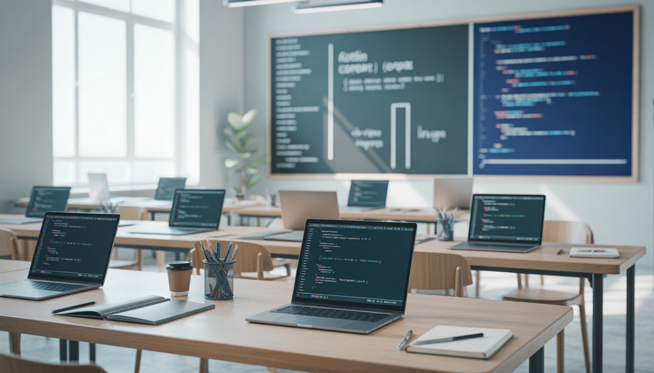 Modern classroom with students using laptops and a large screen displaying code.