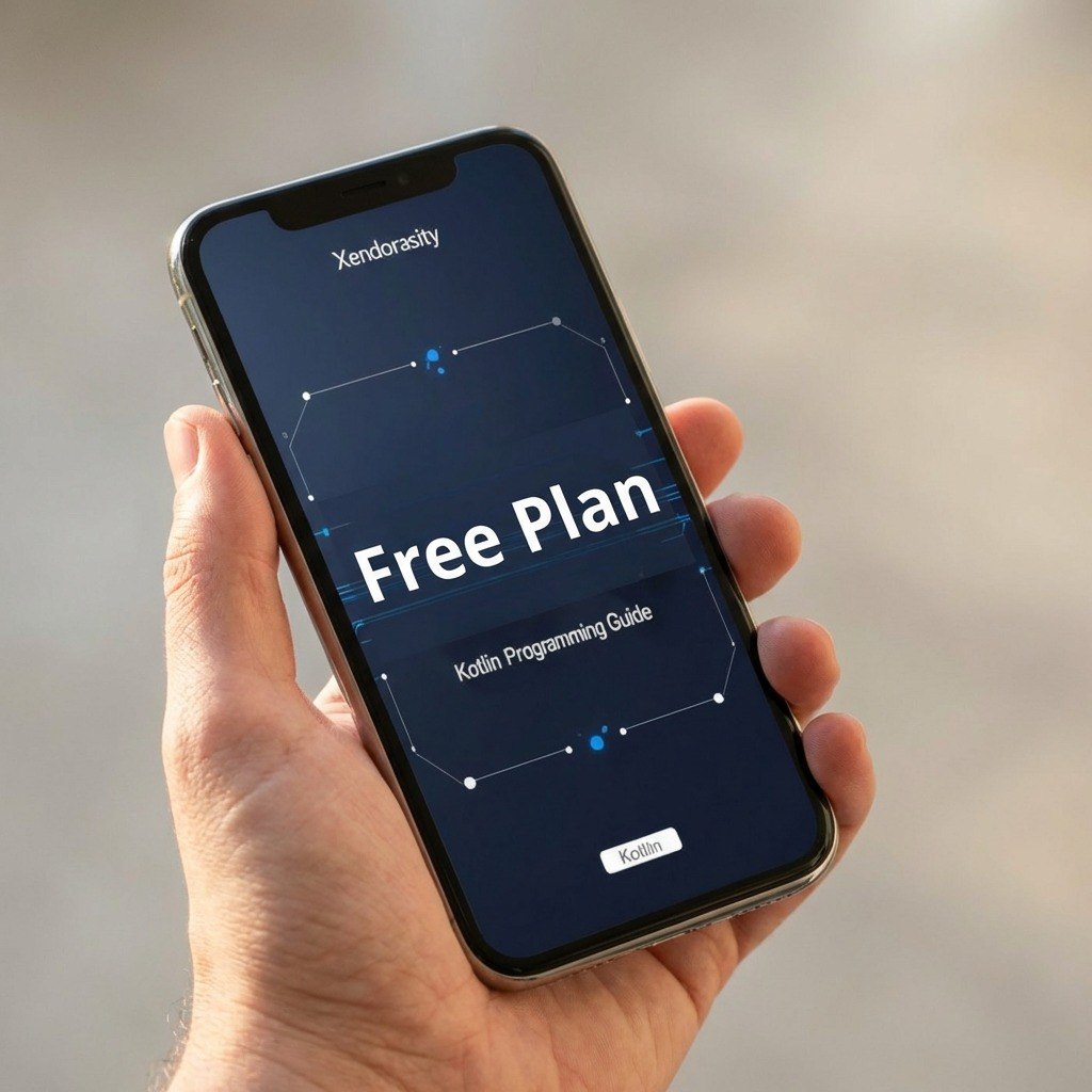Hand holding a smartphone displaying a 'Free Plan' screen on a blurred background