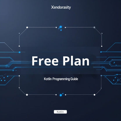 Promotional graphic for Xendorasity's Kotlin Programming Guide with 'Free Plan' text on a dark blue background.