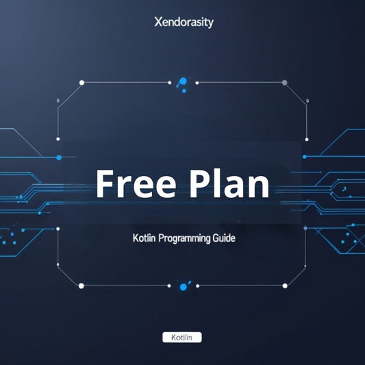 Promotional graphic for Xendorasity's Kotlin Programming Guide with 'Free Plan' text on a dark blue background.