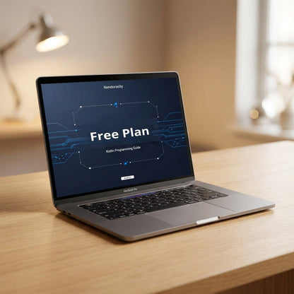 Laptop on a wooden desk with a free plan offer on the screen