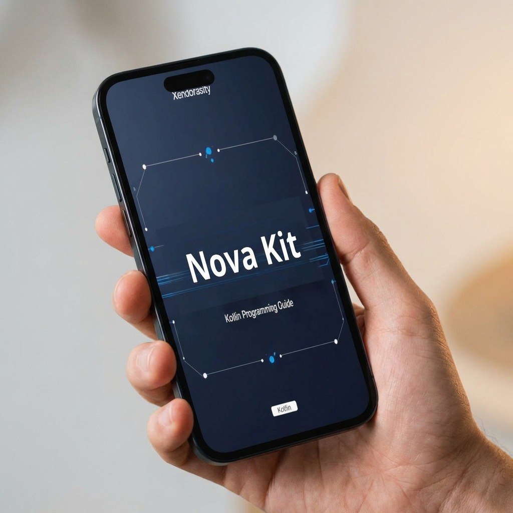 Hand holding a smartphone displaying the Nova Kit app on a blurred background