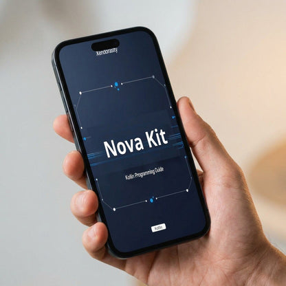 Hand holding a smartphone displaying the Nova Kit app on a blurred background