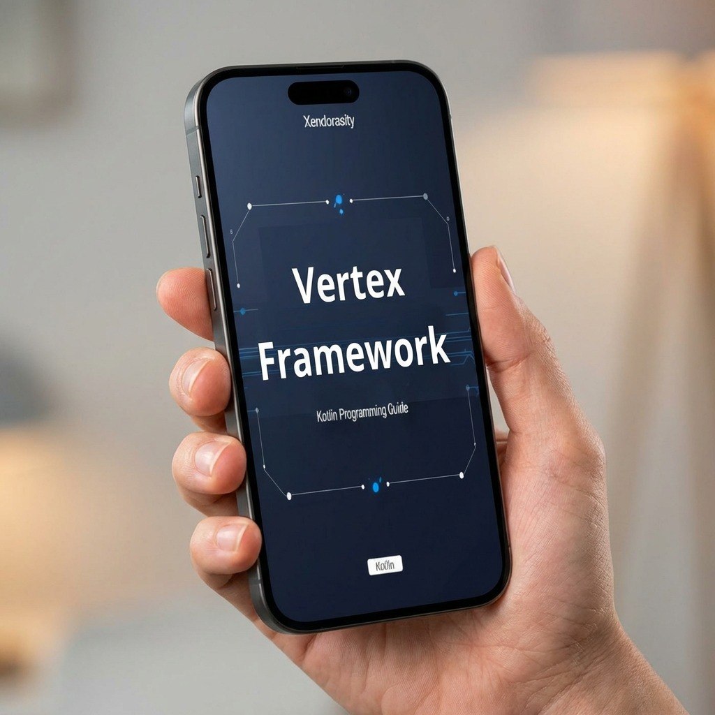 Hand holding a smartphone displaying 'Vertex Framework' on a blurred background